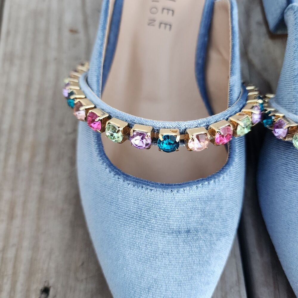 New In Box Journee Collection Light Blue Velor Embellished Jewelled Mules Sz 5.5 - Picture 3 of 16